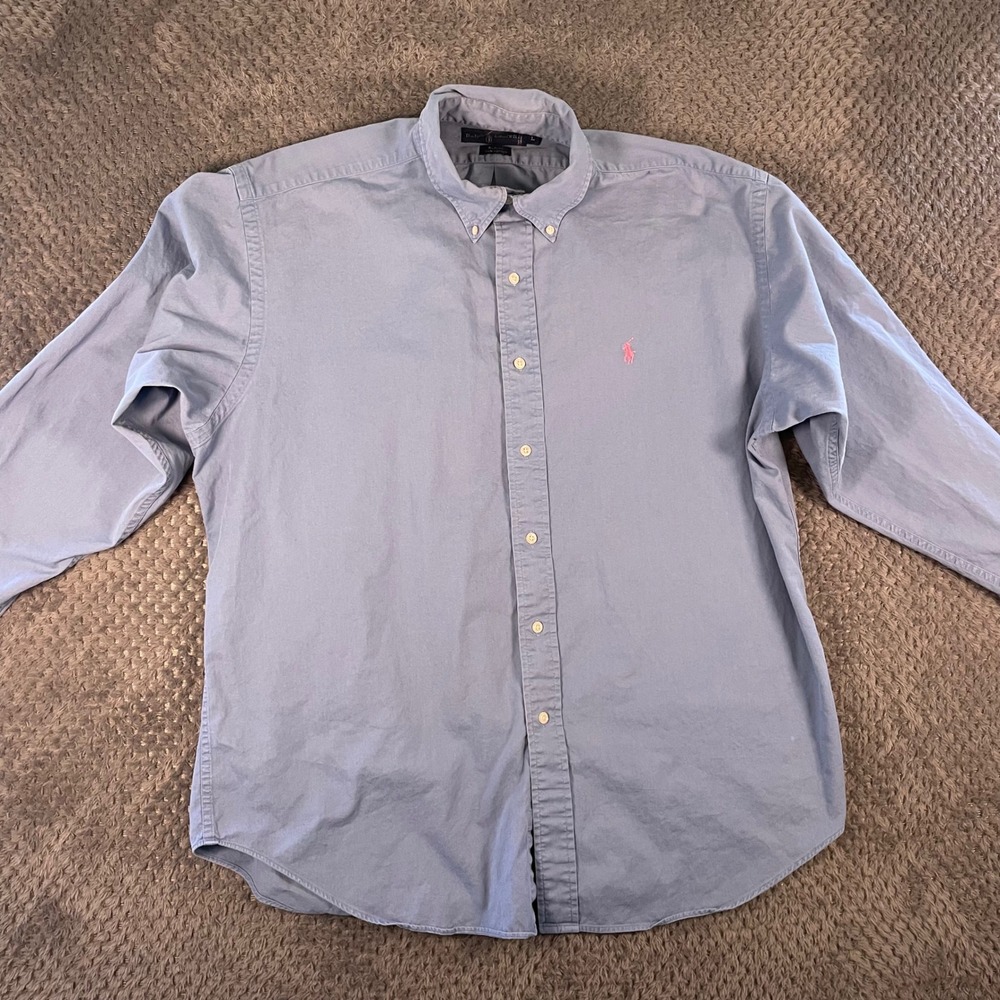 VTG Ralph Lauren Button Down Shirt Size Large Blaire Blue Long Sleeve Pink Pony - Picture 2 of 10